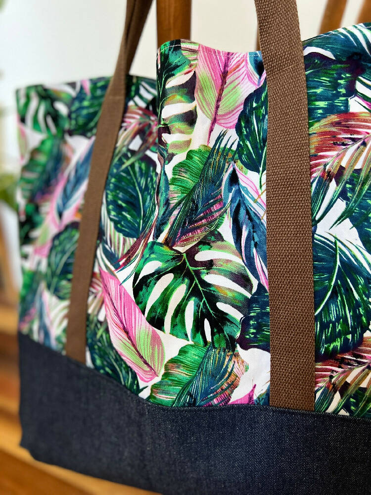 Tote Bag for Shopping/Market/Beach – Bright Botanical + Denim