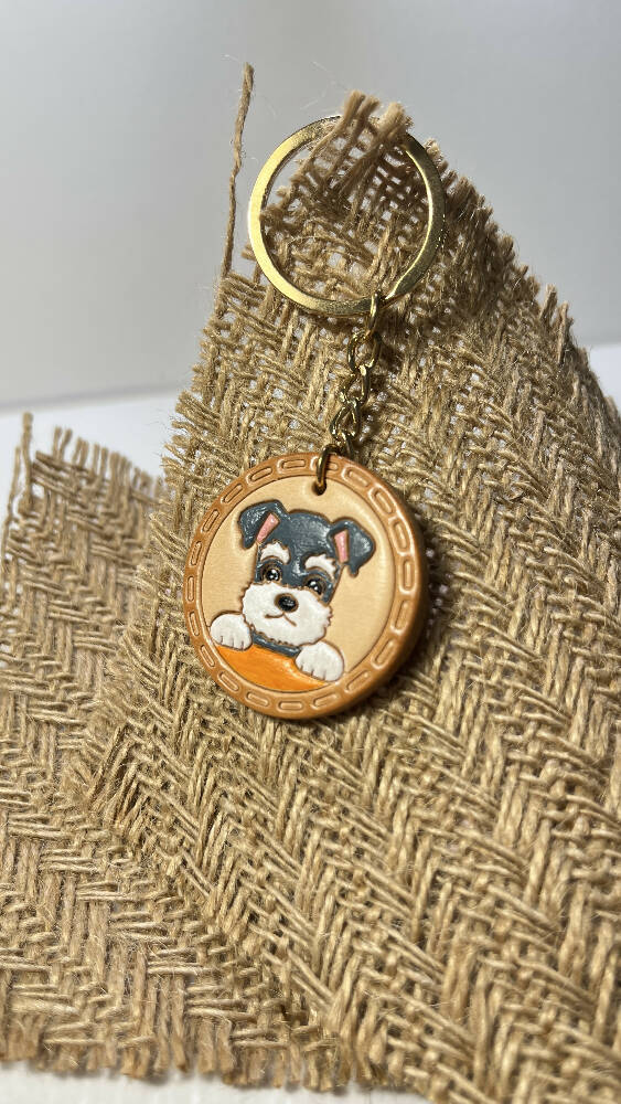Schnauzer Dog Face Leather Key chain| hand-print | Acrylic