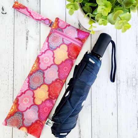 Umbrella Bag, Waterproof Reusable Zip Bag, Pink Moroccan, Pink Zip