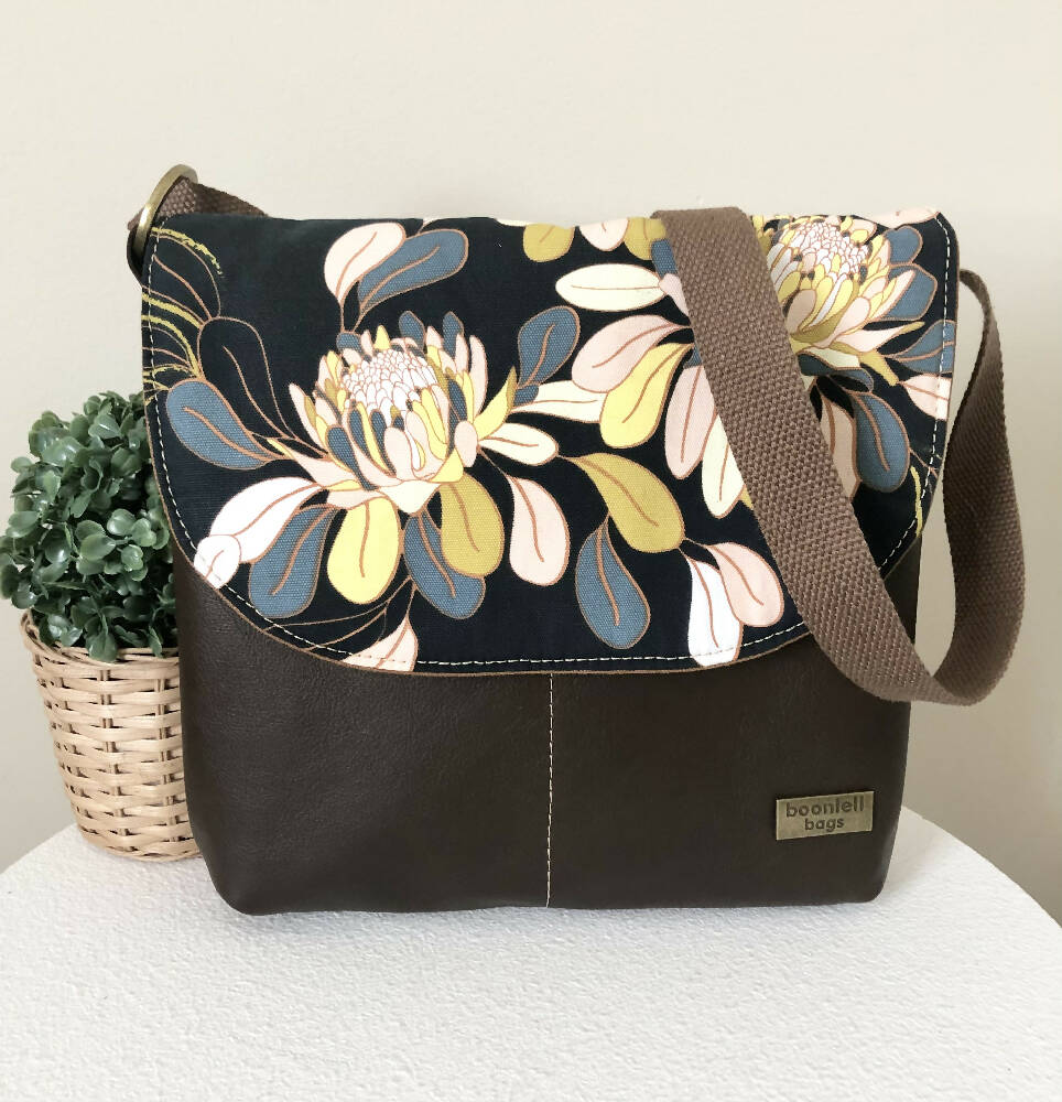 Tan Canvas and Genuine Leather Crossbody Bag with Australian Flora