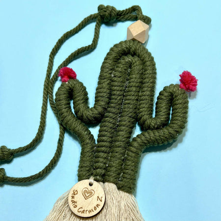 Macrame cactus with Mini Flower - car charm diffuser