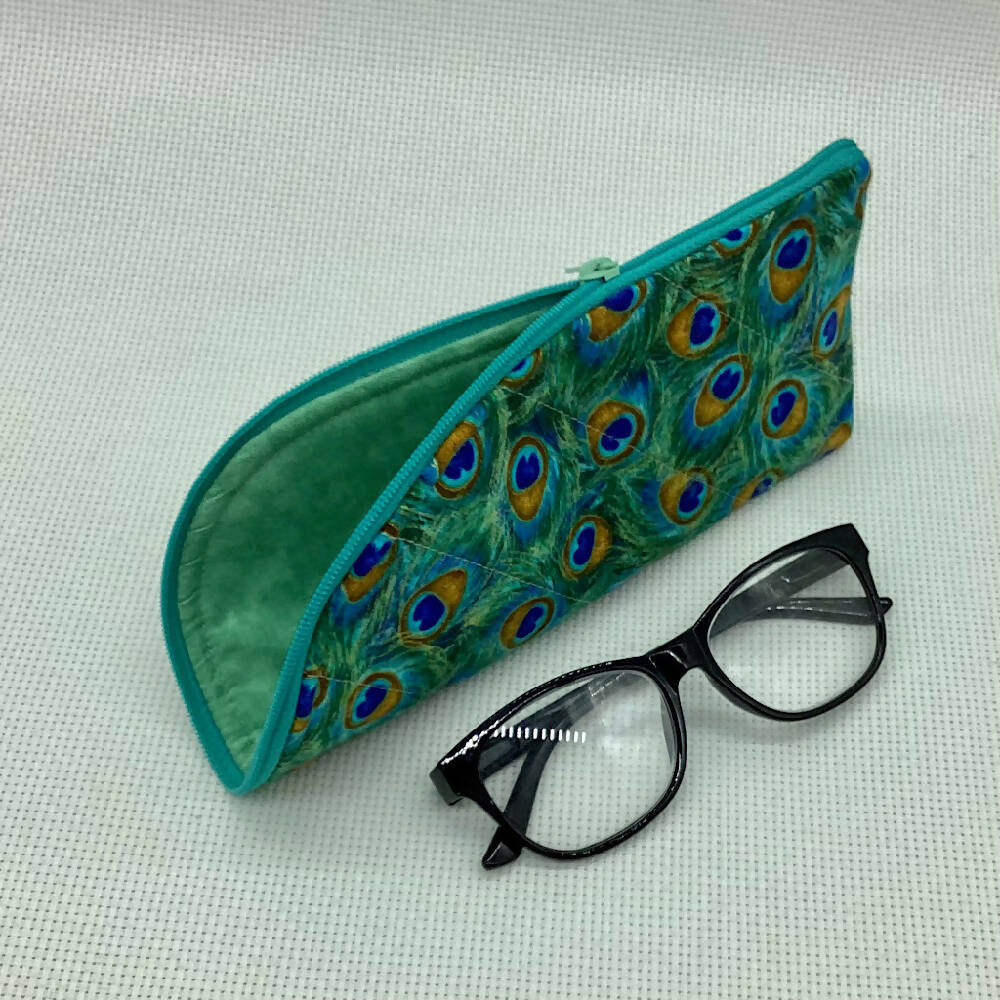 Peacock feathers curved top zip pouch for glasses, phones, handbag organiser, etc.