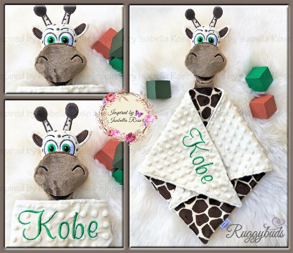 Baby comforter, Embroidered name, Giraffe themed Ruggybud, Made to order