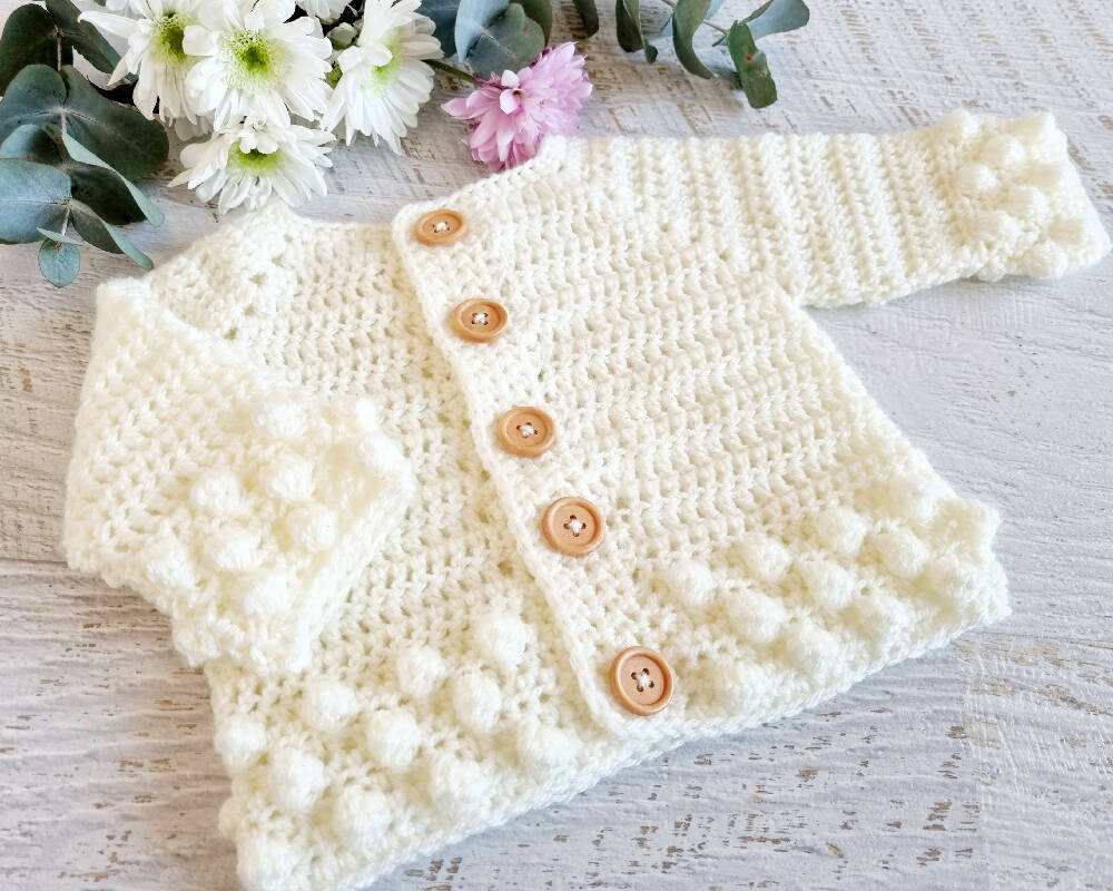 Baby Cardigan | Newborn | Cream/Off White | Crochet | Bobble | Coatigan | Jacket