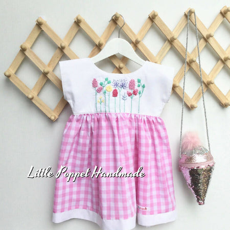 Pink Check Girls Hand Embroidered Dress