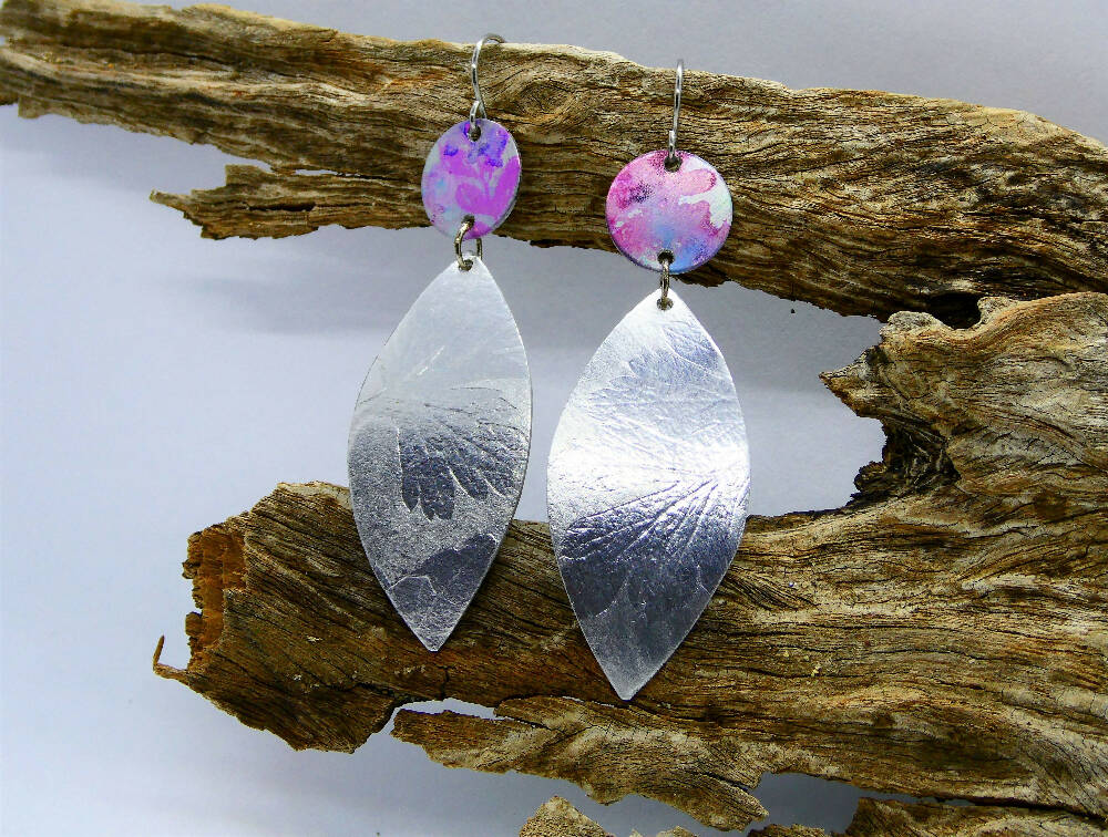 Printed, dyed and leaf textured anodised aluminium earrings