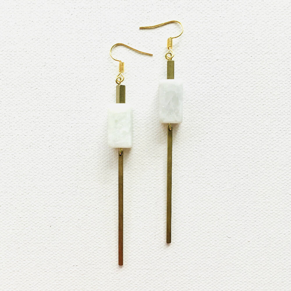 Gold Bar Brass and White Stone Drop Earrings