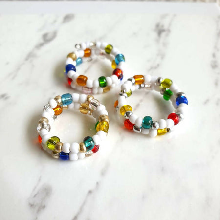 Statement colourful seed bead 2 line memory wire ring , White & Silver lined