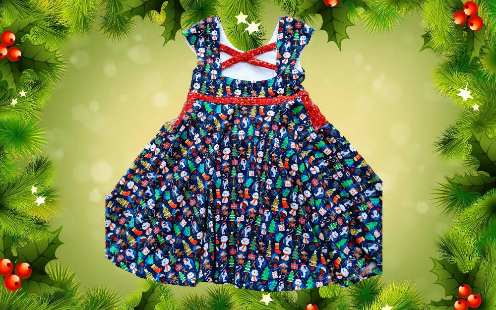 Christmas, Girls Stretch Knit Dress, Penguin and Friends