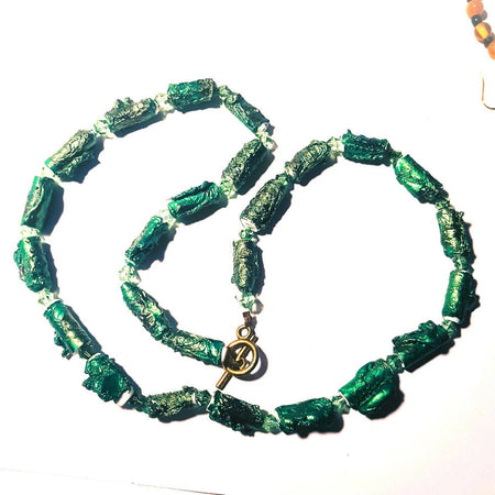 Beaded necklace. Green Tyvek beads and Swarovski crystals