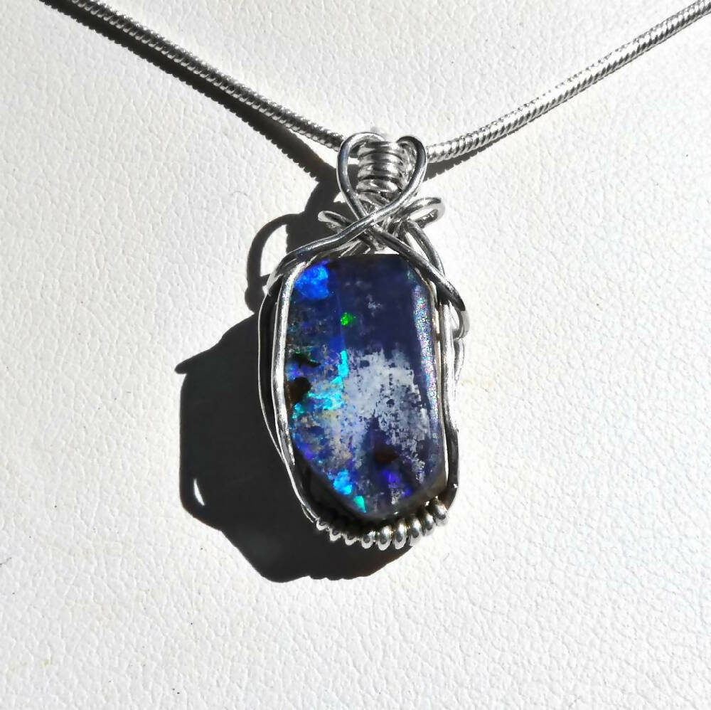 Gem Blue Boulder Opal pendant sterling wire wrapped