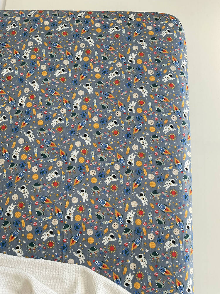 Fitted Cot Sheet / Space, Rockets, Moon, Stars, Astronaut