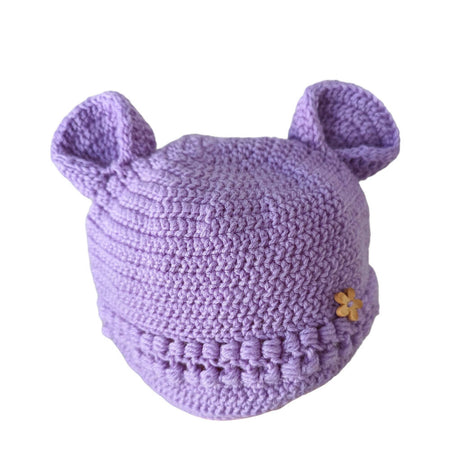 Baby crochet hat with animal ears lavender wool