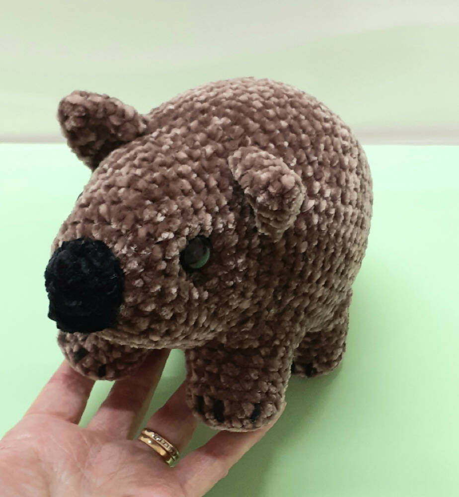 Hand made velvety soft, crocheted brown wombat