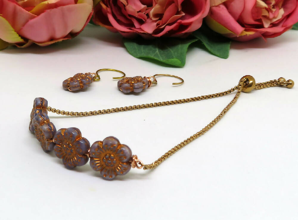 Wild Rose Lilac Copper Wire Wrapped Slider Bracelet and Earring Set