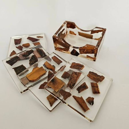 Resin and Wood Bark Coaster Set