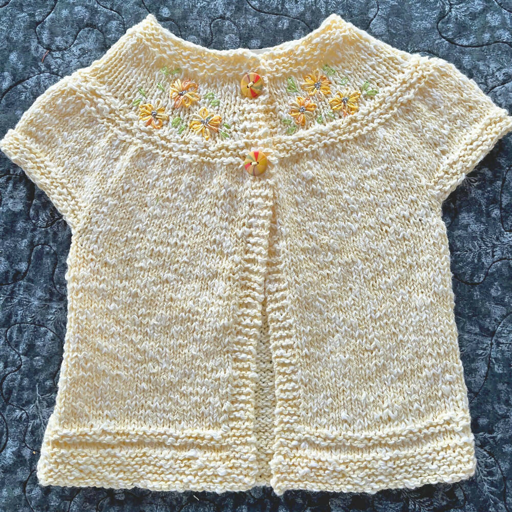 Special occasion cardigan. Lemon with hand embroidered flowers. Wedding, baptism.