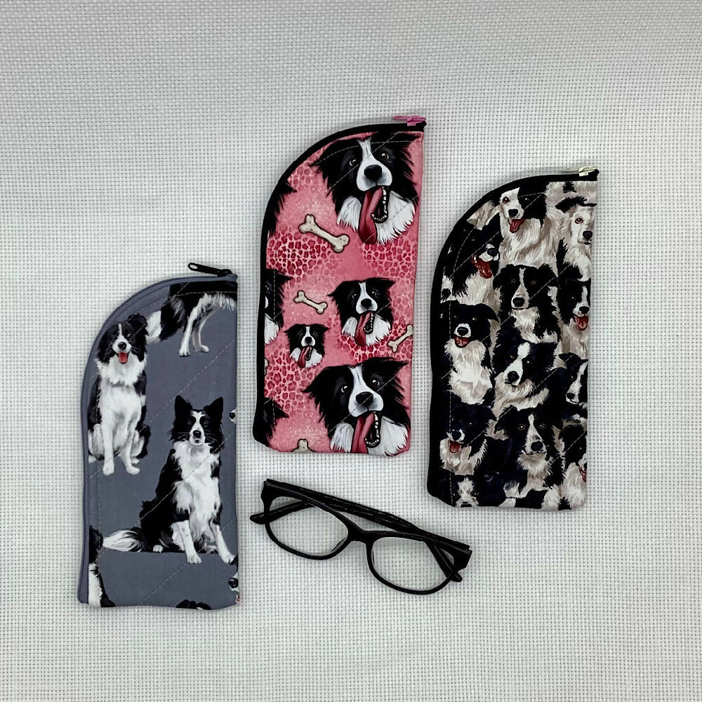 Border Collie Dogs Glasses Case. Fabric, padded, lightly quilted.