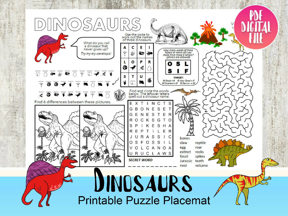 DIGITAL - Dinosaurs - Puzzle Activity Sheet - PDF Printable Download