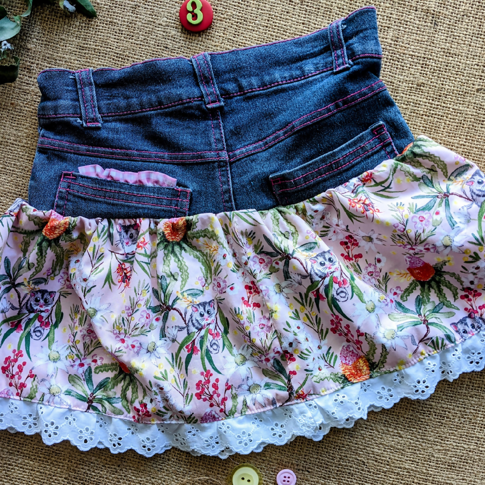 Size 3 Upcycled Denim girls skirt, Possums in Pink
