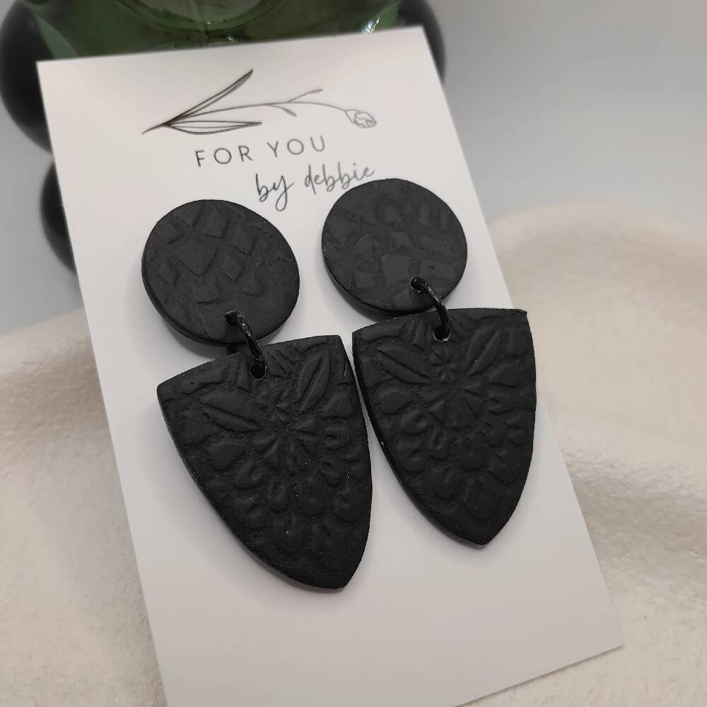 lace imprint black polymer clay statement earring - hypoallergenic stud