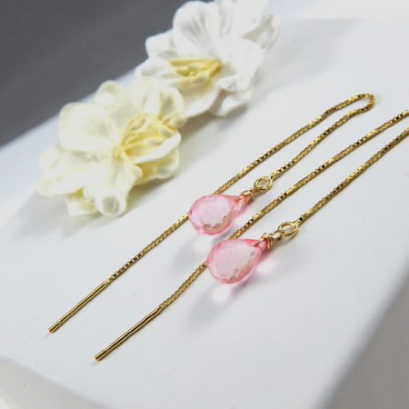 Pink Quartz Gold Threader Earrings,Pink Quartz Gemstone Earrings