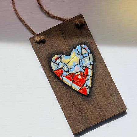 Broken china mosaic heart wall hanging, red & yellow butterfly mosaic on timber