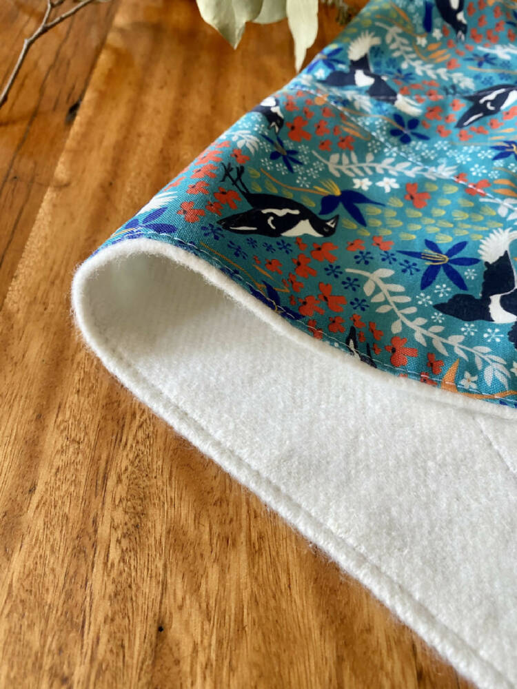 burp cloth - Australian magpies green / organic cotton hemp / eco friendly