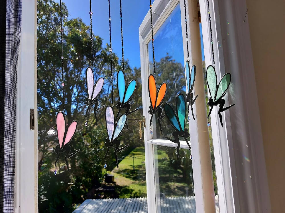 Stained glass fairy suncatcher, little pewter fairy window hanger