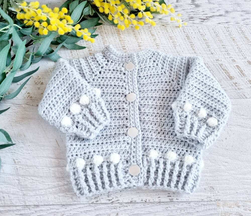 Baby Cardigan | Pale Grey | Newborn | Handmade | Crochet | 0-3 months