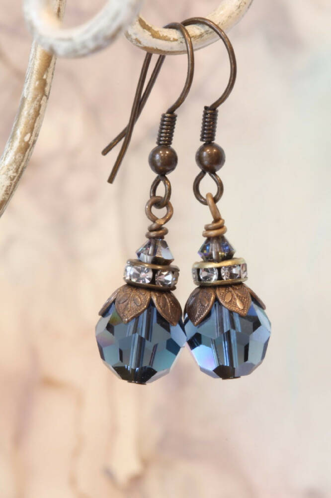 Swarovski Crystal and Brass Earrings Smokey Quartz