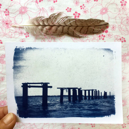 Beach Pier, Cyanotype, Jetty Art, approx 4x6 inches Postcard Size