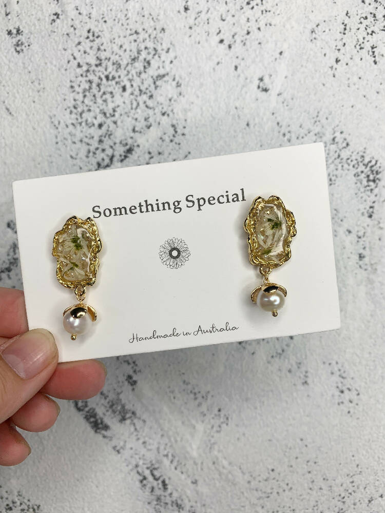 Pressed Flowers Resin Earrings with Real Freshwater Pearls