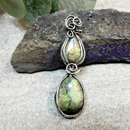 Two Andamooka opals pendant antiqued Sterling silver wire