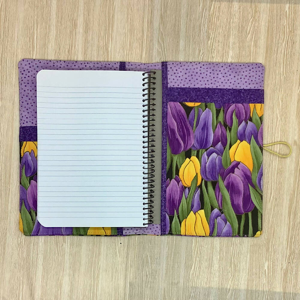 Purple Tulips refillable A5 fabric notebook cover gift set - Incl. book and pen.