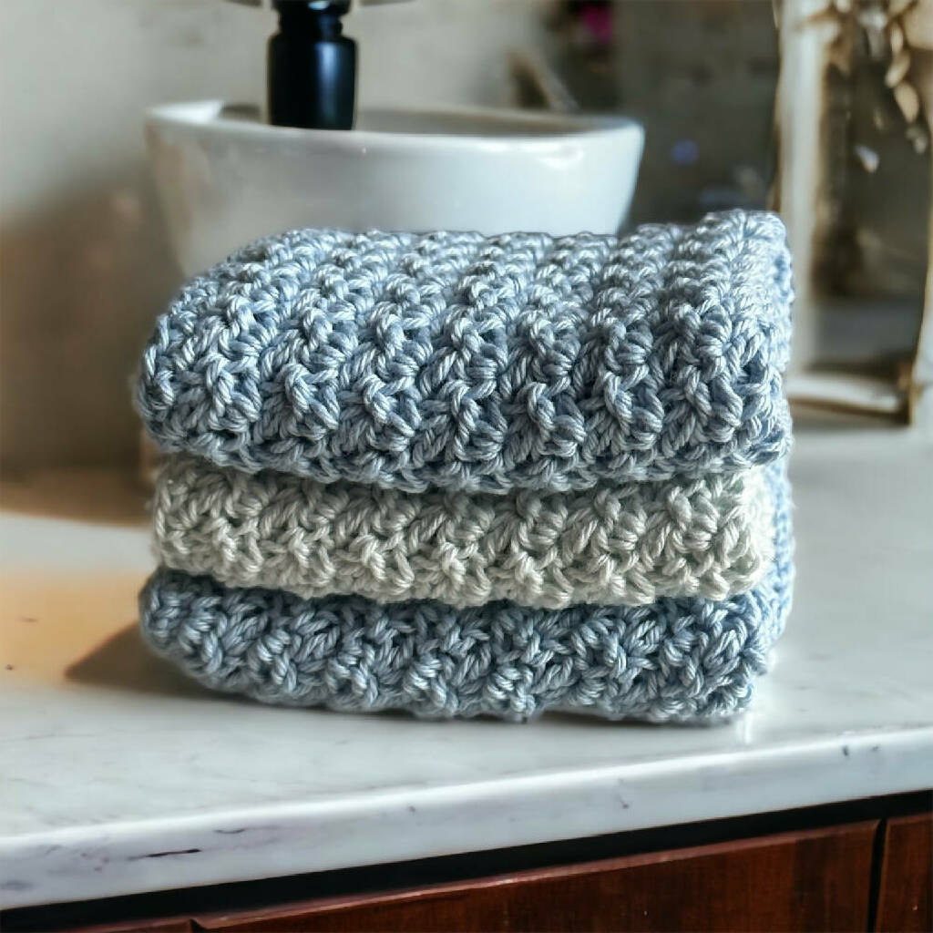 Crochet Baby Washcloths 100% Cotton set of 3 -Shades of Blue