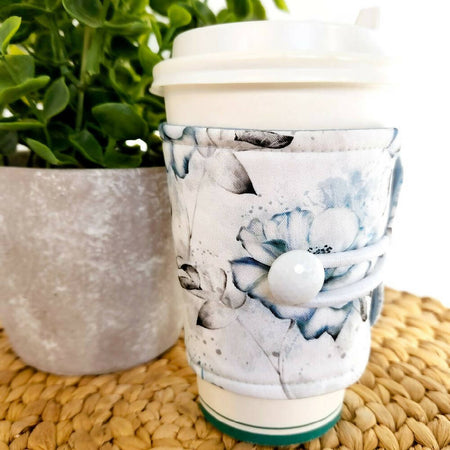 Coffee Cup Cozy/Sleeve - Blue & Grey Floral