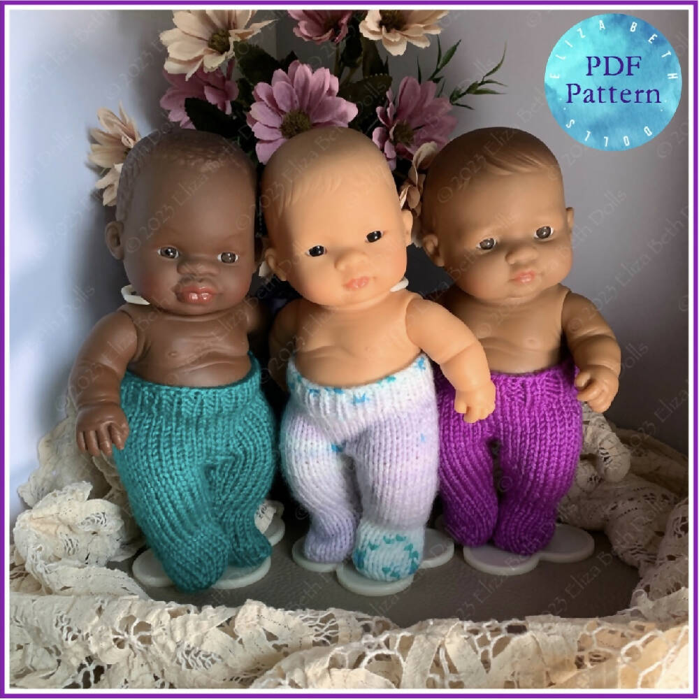 Miniland 21cm clothes, PDF digital pattern, Stockings, Leggings, Tights, Boy, Girl, Unisex, Easy quick knit, Straight needles, Flat knit, Baby doll clothes, Cute outfit, Doll accessories, Minikane, 8inch, Clear instructions, Photos, 8ply DK yarn, Beginner friendly, Basic knitting, Simple pattern, Eliza Beth Dolls, ElizaBethDolls, Australia