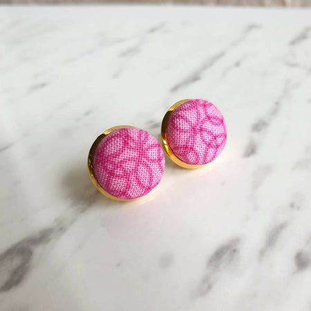 1.4cm Round Cabochon colourful Pink fabric stud earrings No.7