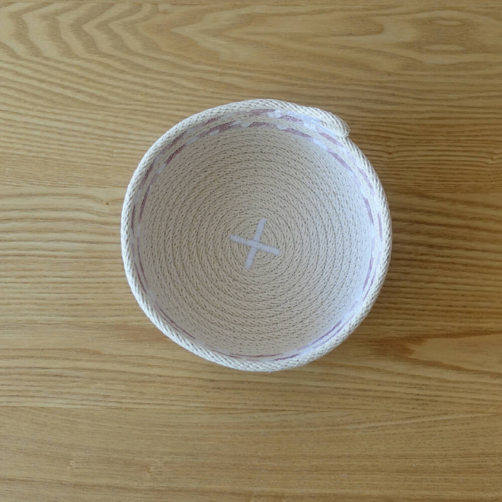 Dusky Pink Gingham Fabric wrapped key bowl rope basket