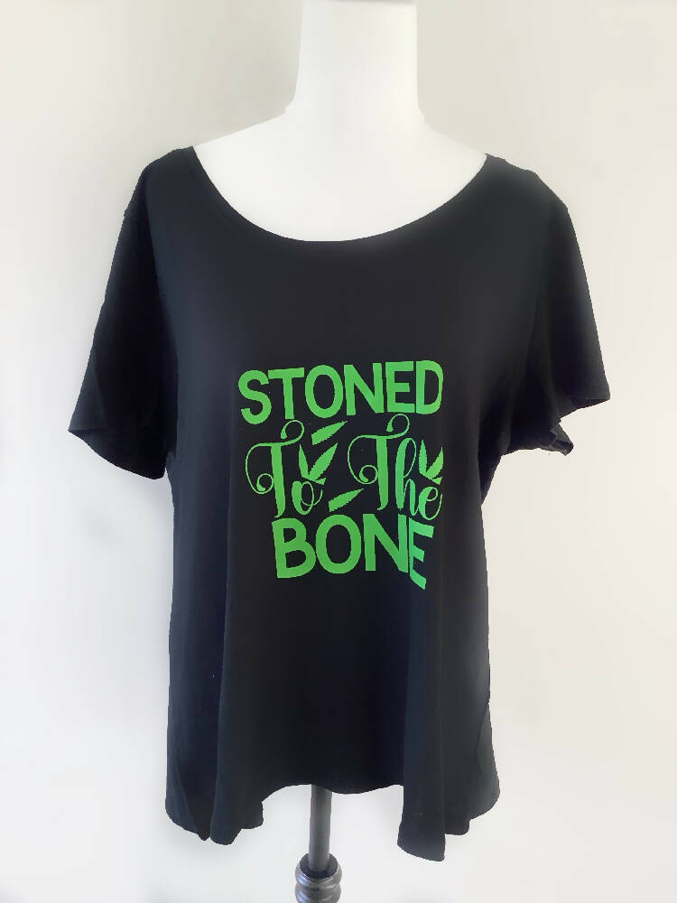 Stoned to the bone slogan T shirt, black T shirt, short sleeve T shirt, size L