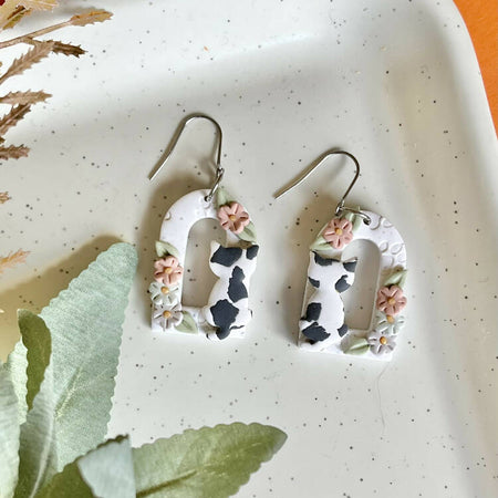 Arch Polymer Clay Earrings with a Grey and White Cat with Flowers