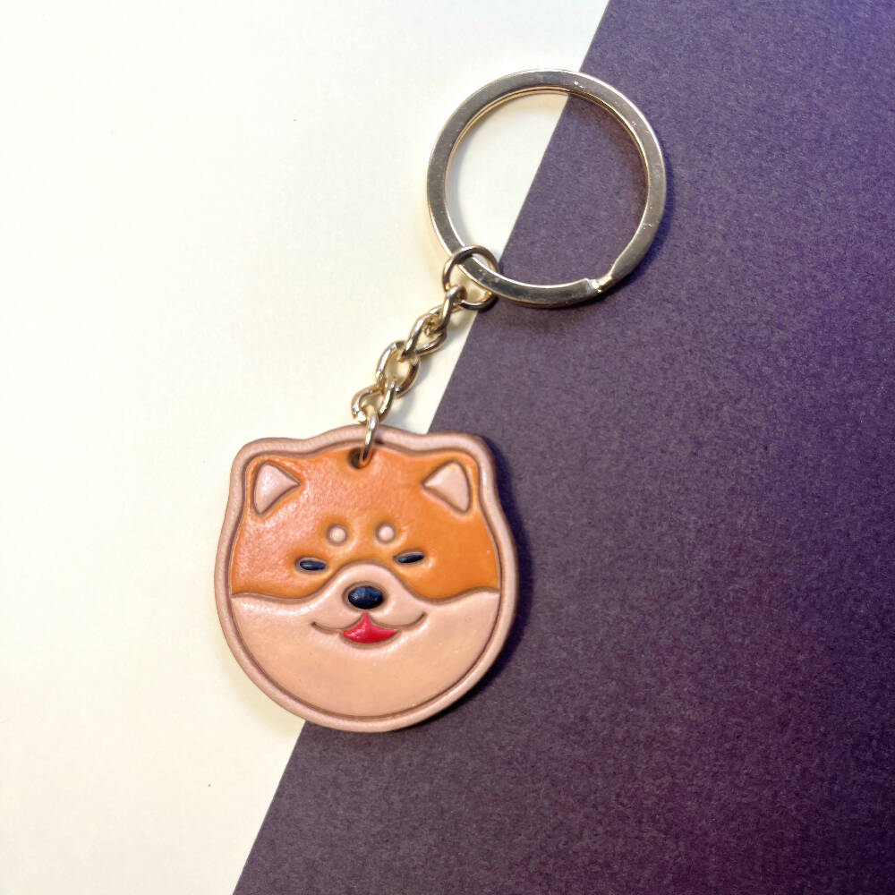 Shiba Inu Dog Face Leather Keychain | Pet | Gift| Hand Print| Leather Accessories