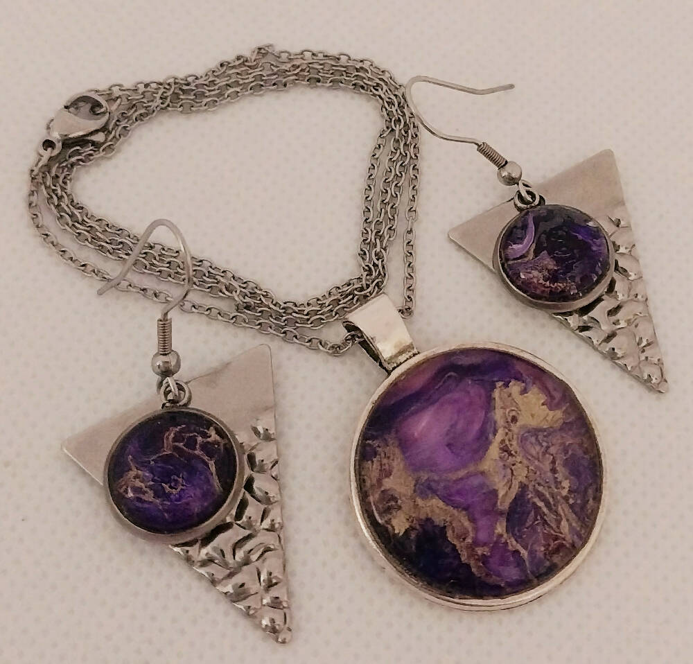 Purple and Gold Pendant and Earring Set