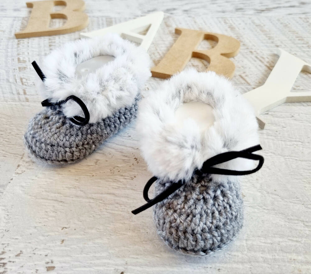 Baby Booties Fluffy Grey Newborn Crochet Knit Shoes Sock