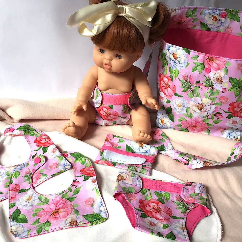 Nappy Bag and accessories for Baby Doll #2- Pink wild roses