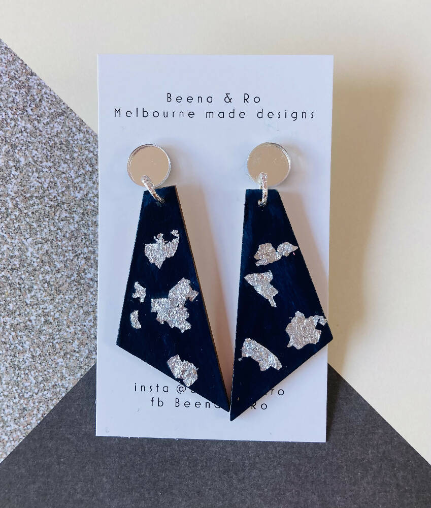Midnight blue / silver fleck triangle earrings