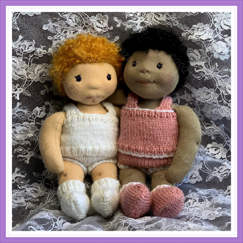 Waldorf doll clothes, PDF digital pattern, 8inch, 9inch, Underwear, Underpants, Undies, Knickers, Vest, Singlet, Socks, 8ply, DK, Straight needles, Beginner friendly, Flat knitted, Doll outift, Knitted doll clothes, Accessories, Natural fibre art doll, Quick easy knit, Clear instructions, Photos, 3 piece outfit, Original design, Immediate download, Eliza Beth Dolls, ElizaBethDolls, Australia, 7