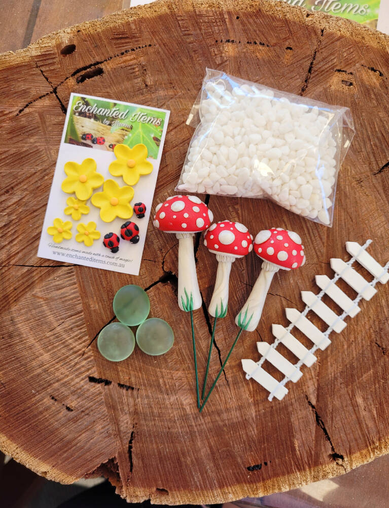 Traditional Red Fairy garden Mushrooms set with Ladybirds