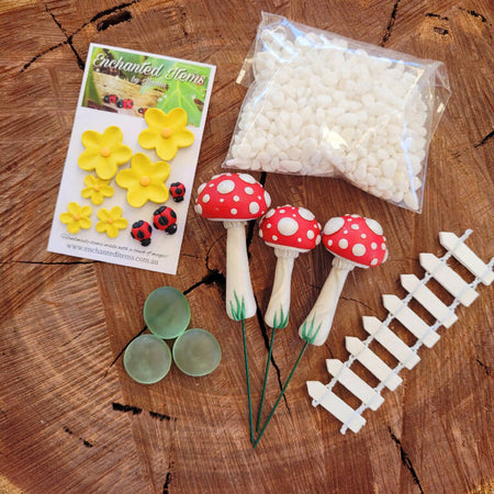 Traditional Red Fairy garden Mushrooms set with Ladybirds